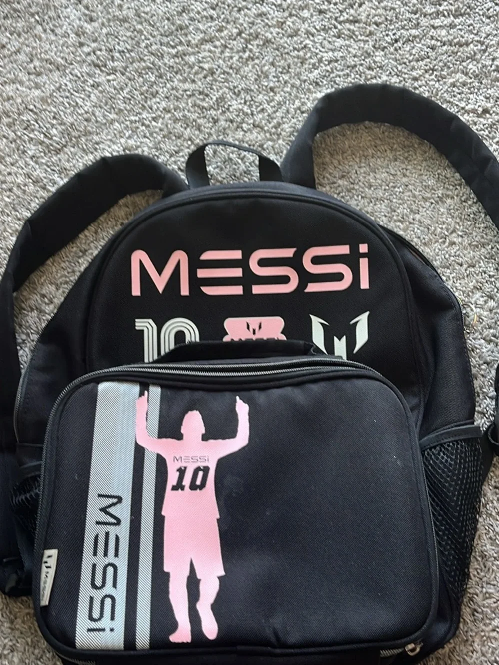 Messi Kids Black Backpackb with Pink Logo and lunch box